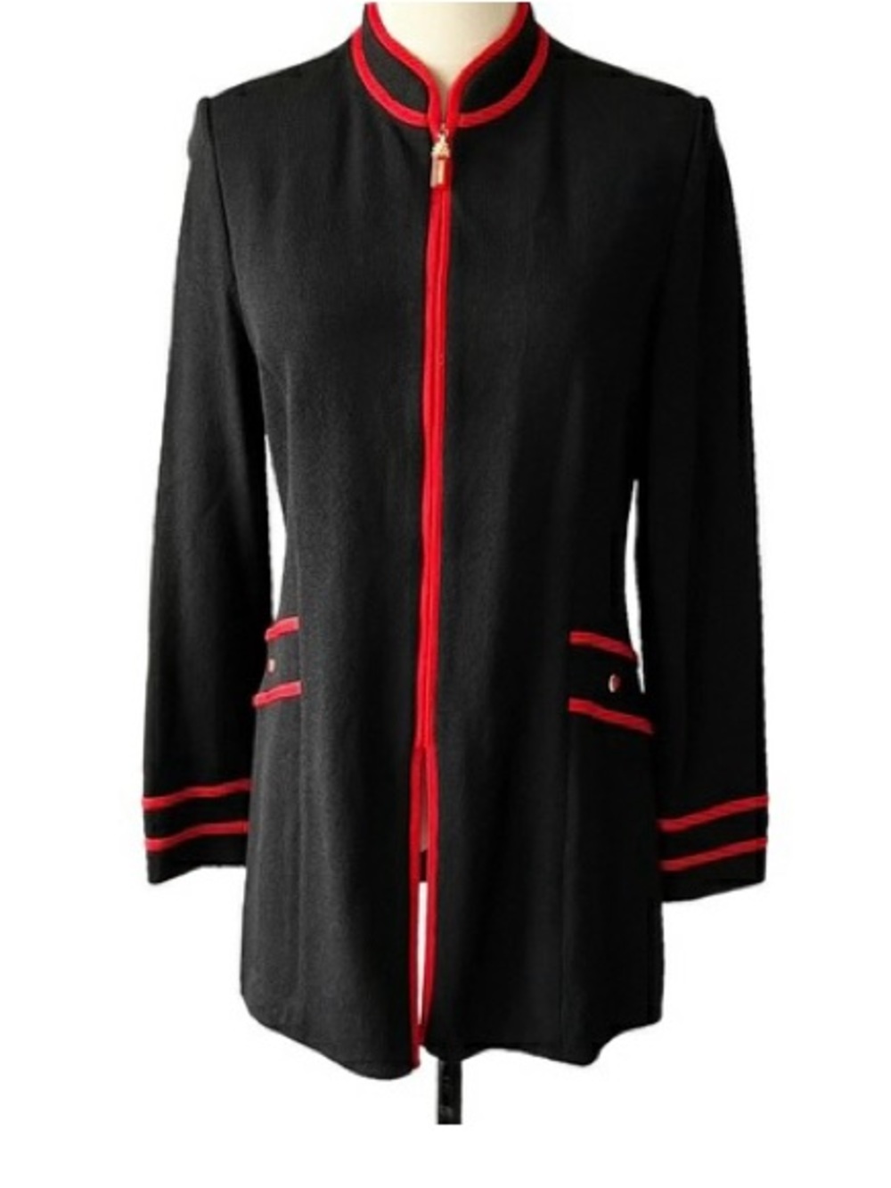 ST. JOHN Black And Red Long Sleeve Full Zip Sweater Jacket Long Size 12